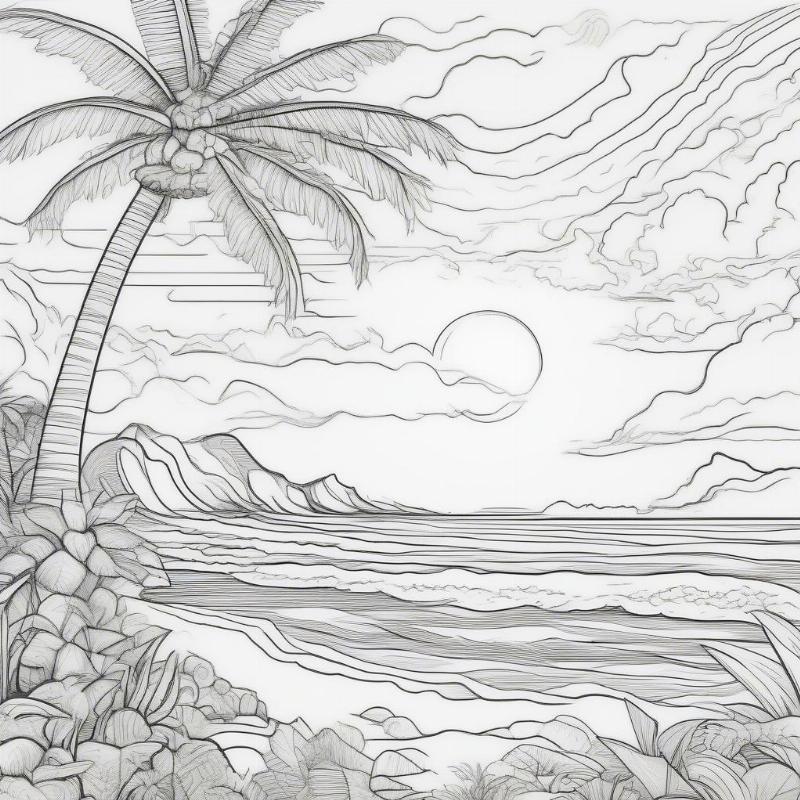 Tropical Scene with Coconut Tree Coloring Page