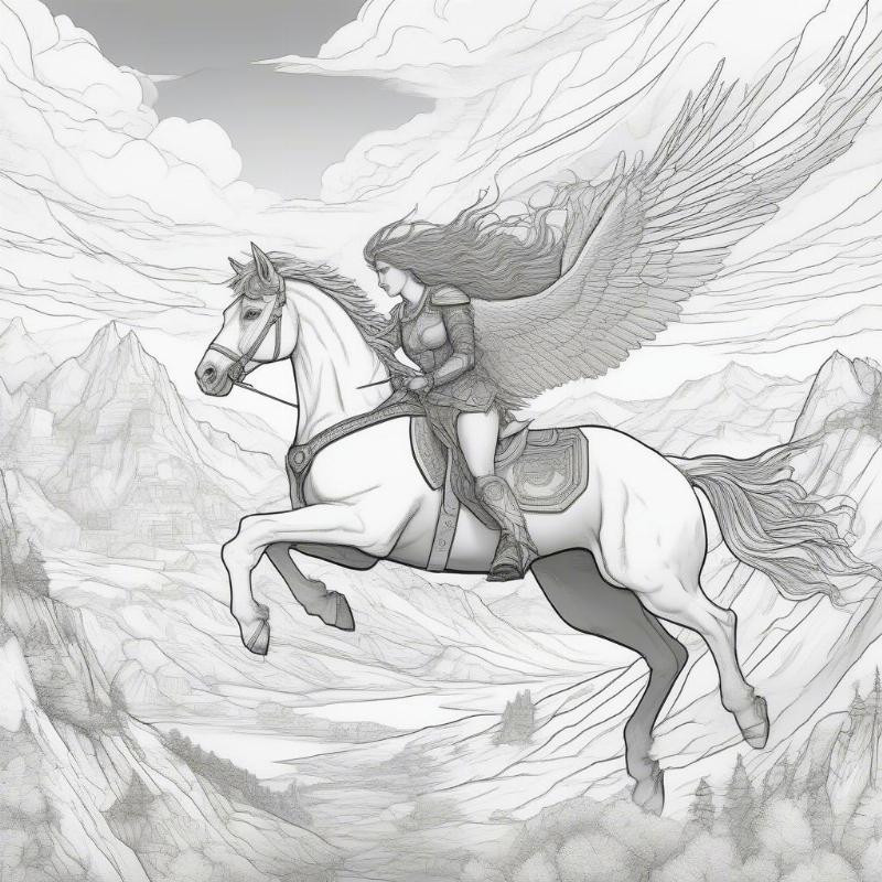 Valkyrie Flying Over Mountains Coloring Page