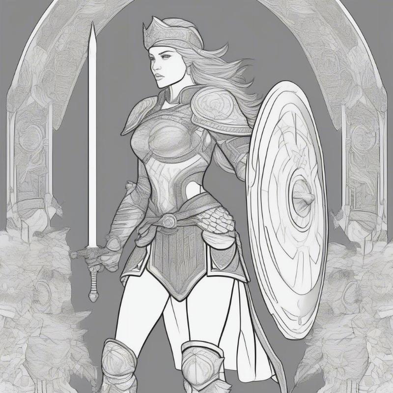 Valkyrie with Sword and Shield Coloring Page