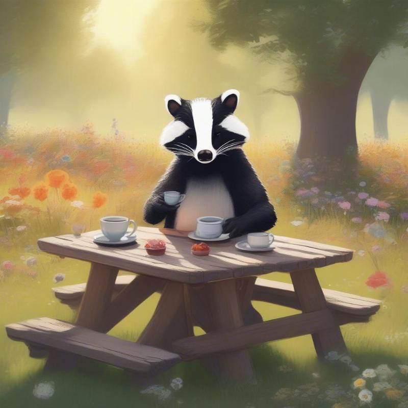 Cartoon badger enjoying tea, surrounded by flowers and butterflies