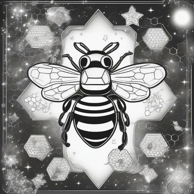 Whimsical bumblebee flying near a honeycomb with magical accents