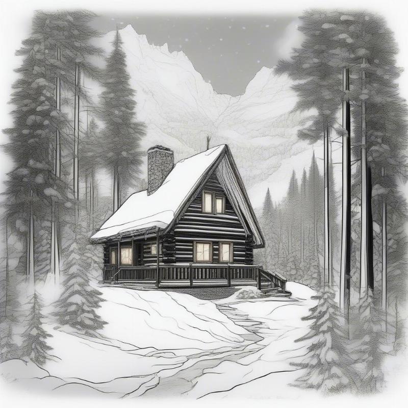 Cozy Winter Cabin in the Forest Coloring Page