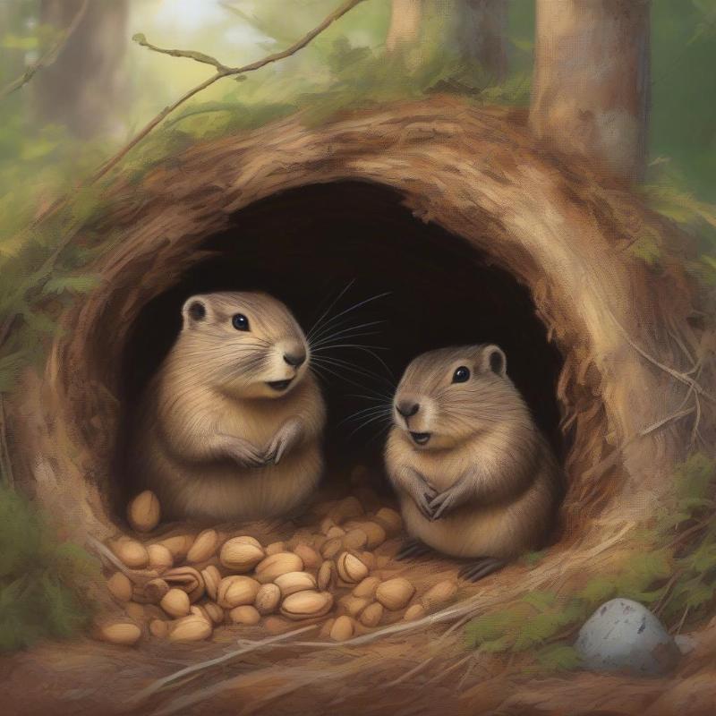 Woodchuck family inside a cozy underground burrow